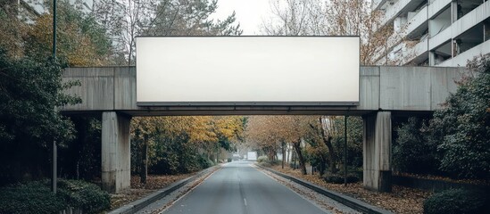 Blank billboard on an overpass above a street with trees on both sides.