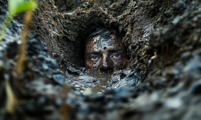 Obraz premium A man trapped in mud, only eyes visible.