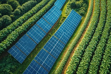 Aerial view of solar panels in a field of crops.