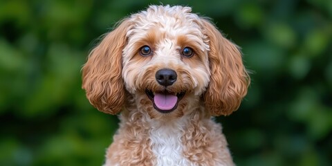 Happy Dog Portrait  Cute Puppy  Smiling Pet  Brown and White Fur  Green Background