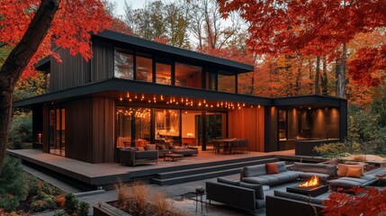 Fototapeta premium A contemporary house nestled in a forest showcases beautiful autumn colors. Warm lights illuminate the outdoor area while a cozy fire pit invites relaxation amidst the vibrant foliage.