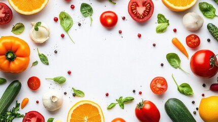 Fresh vegetables and fruits on a white background with copy space.