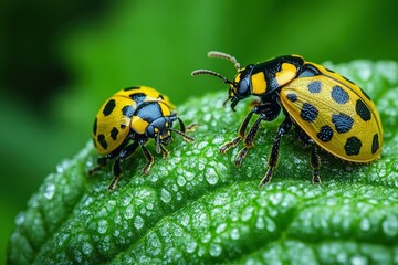 Fototapeta premium Two yellow and black ladybugs on a green leaf with dew drops.