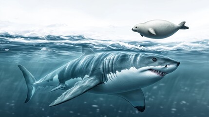 Fototapeta premium A great white shark swimming near a seal in a serene underwater scene.