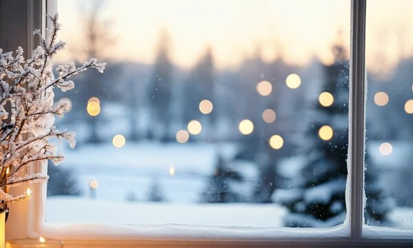 Cozy winter window scene with a serene snowy landscape and warm candlelight glow creating a peaceful atmospheric ambiance  Festive holiday mood with a minimalist elegant design 