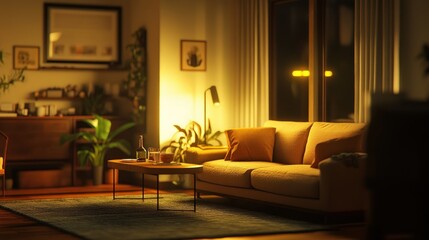 A Cozy Living Room with a Couch, Coffee Table, and Warm Lighting