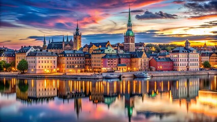 Naklejka premium Stockholm Skyline at Dusk - Captivating View of Gamla Stan in Sweden
