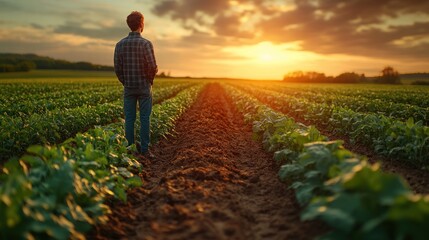 Fototapeta premium A young farmer stands in a field at sunset, looking towards the horizon.