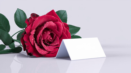Red Rose and Blank Card: A single red rose with dew drops, resting on a white background, beside a blank card, perfect for your romantic or celebratory design.  