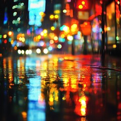 Fototapeta premium Vibrant cityscape at night with colorful reflections on wet pavement, capturing the dynamic atmosphere of urban life.