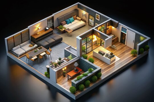 Stunning 2BHK 3D Architectural Illustration of a Modern Flat with Open Kitchen, Balcony, and Dark Grey Walls on