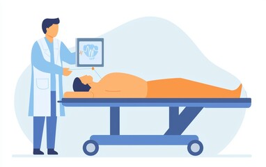 A futuristic medical robot scanning a patient with laser technology, displaying health diagnostics on a screen in real-time