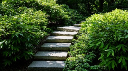 A Japanese-inspired tea garden with stepping stones, a bamboo water feature, and lush greenery creating a peaceful escape