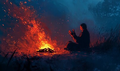 A person sits by a large fire in the dark.