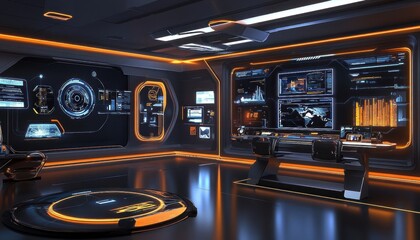 Futuristic control room interior with multiple screens displaying data and charts.