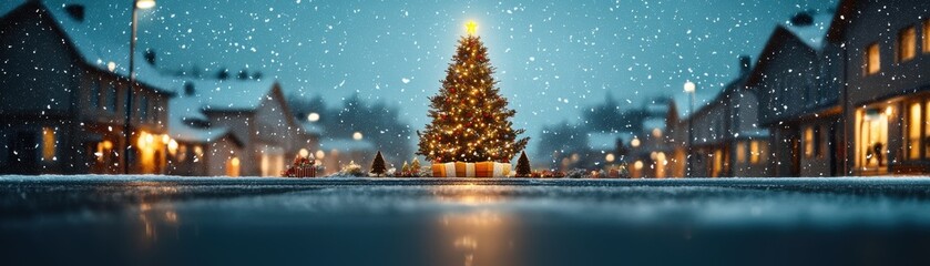 Obraz premium Snowy street scene with a beautifully lit Christmas tree during winter evening.