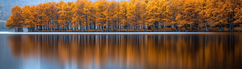 Obraz premium Vibrant autumn trees reflected in a tranquil lake, surrounded by serene nature.