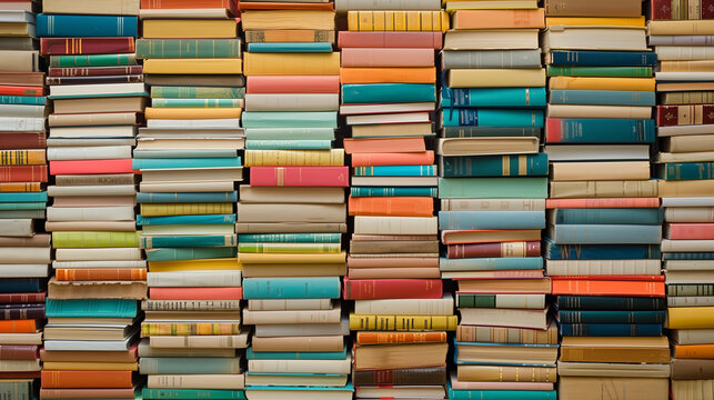 Many color stacks of books pattern background. Large group of books web banner. Huge stack of multicolored books
