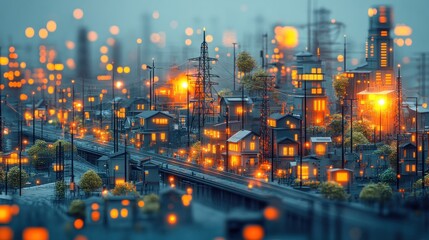 Fototapeta premium A miniature city at night with glowing streetlights and buildings.