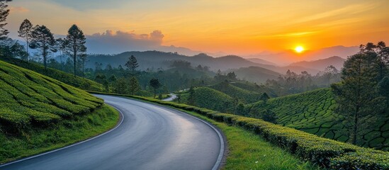 Fototapeta premium Winding road through lush green tea plantations with a stunning sunrise over distant hills.