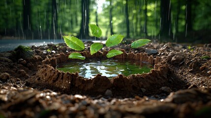Rain Soaked Forest Road Puddle with Lush Green Plant   Nature Photography