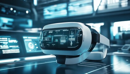 Futuristic virtual reality headset with a digital display on a sleek, modern surface.