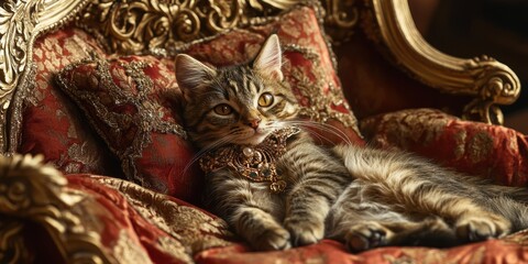 Fototapeta premium Tabby cat lounging on a golden armchair.