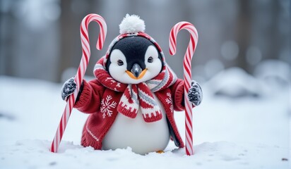 Fototapeta premium Cute wild Animals in cozy Christmas dress. Penguin with Candy Canes on snow. Perfect for holiday cards, seasonal decorations, and festive marketing material, poster with copy space