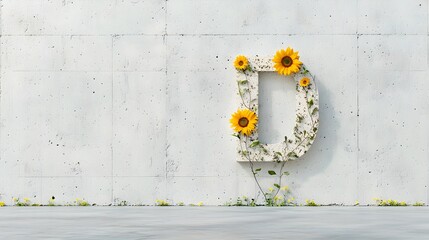 Intricate arrangement of a Thai Tho Thahan letter symbol created using vibrant sunflower petals and delicate olive leaves showcasing a blend of cultural tradition and natural beauty