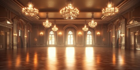 Obraz premium Grand ballroom with ornate chandeliers and windows.
