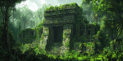 Fototapeta premium Overgrown stone temple in lush jungle.