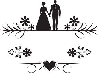 Wedding couple standing in flower decoration silhouette illustration