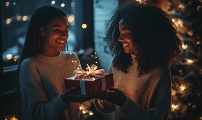 Two women exchanging a gift with a glowing light.