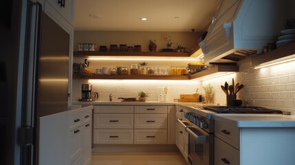 Bright and airy kitchen with layered lighting: ambient ceiling lights, task lighting under cabinets, and accent lights on open shelves.