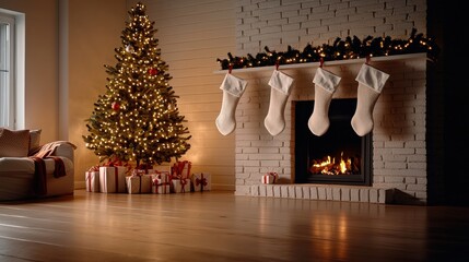 Cozy living room with Christmas tree and stockings by the fireplace.