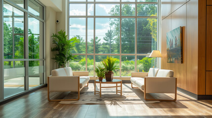  interior lobby of the country office of a technology company Corporate modern Wellness Center with panoramic windows Promotes mental relaxation and self-care