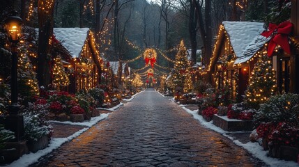 Fototapeta premium A charming village street adorned with Christmas lights and decorations at night, creating a cozy and festive holiday atmosphere.