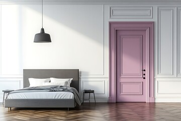 Bedroom with Herringbone Wood Floor and Modern Bed