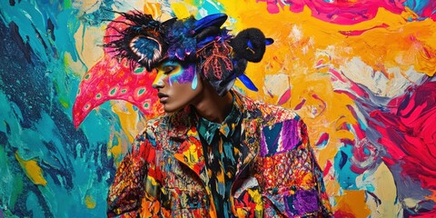 Fototapeta premium A person in a colorful outfit against an abstract background.