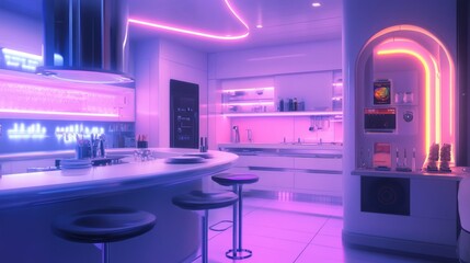 Futuristic kitchen with bright ambient lighting, color-changing LED task lights, and sleek accent lighting along the walls.