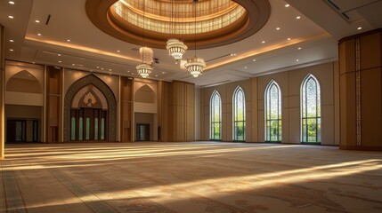 Obraz premium Sunlight streams through stained glass windows in a grand hall.
