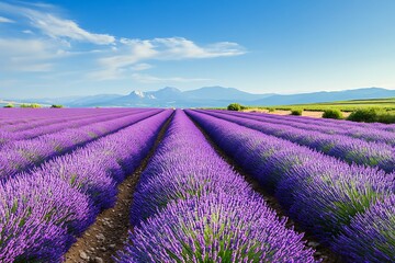 Purple Lavender Fields in Bloom with Mountain Landscape