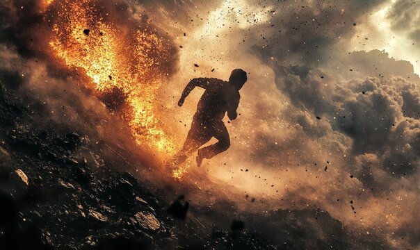Silhouette of a man running through fire.