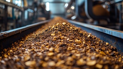 Close-up of a conveyor belt carrying roasted coffee beans in a factory.