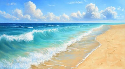 Blue waves crashing on a sandy beach.