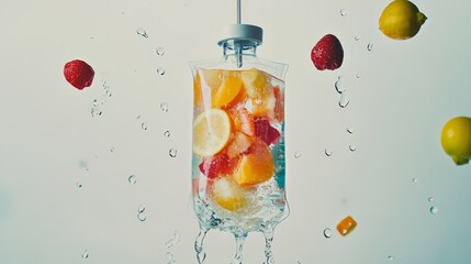 A clear IV bag with water and fresh fruit inside is suspended with water splashing out.