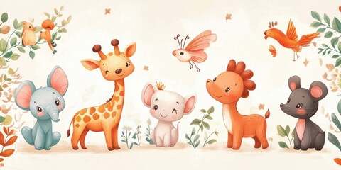 Naklejka premium Cute animals and a bird in a forest scene.