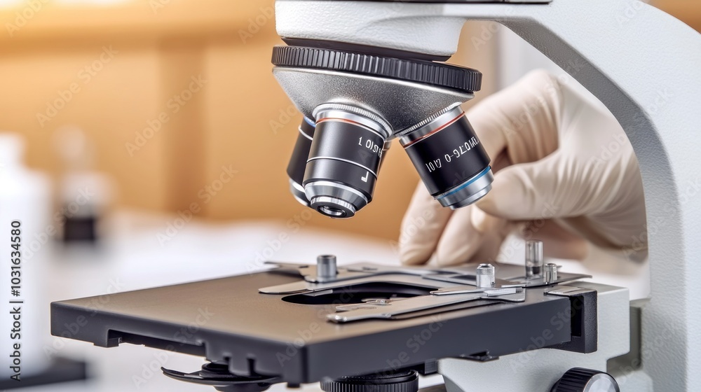 Poster Close-up of a Microscope with Objective Lenses and Stage