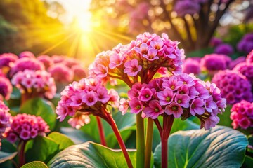 Obraz premium Stunning Bergenia Blooms in Full Flower Under Bright March Sunlight, Showcasing Nature's Beauty and Vibrant Colors in