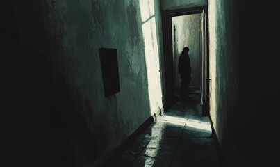 Fototapeta premium Dark hallway with a shadowy figure.